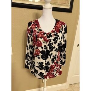 White House Black Market 3/4 Sleeve Floral Cardigan, Black And Red, Large